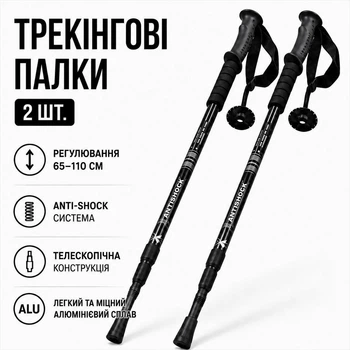 Трекинговые палки телескопические Anti-Shock 65–110 см, 2 шт., туристические палки для походов, гор и скандинавской ходьбы, черные IV2915-110BK