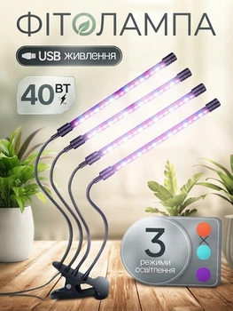 Фитолампа USB для роста растений на 4 лампы светодиодная LED фито лампа на прищепке светильник для комнатных цветов и рассады полный спектр гибкие головки 360° таймер регулировка яркости для теплиц орхидей суккулентов и домашней оранжереи