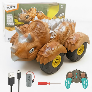 Радиоуправляемый динозавр-внедорожник с LED-подсветкой 23х14х12 см USB-аккумуляторный Тираннозавр на пульте дистанционного управления Коричневый