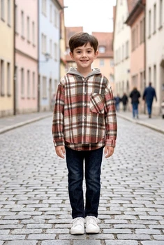 Сорочка тепла в клітинку з капюшоном універсальна Kiddo сірий з червоним 122 см
