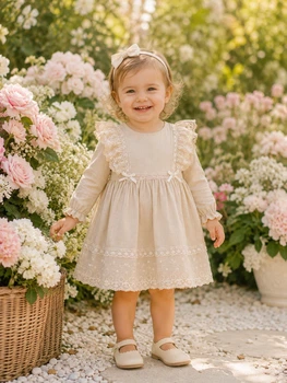 Платье льняное с кружевом “Elise” Kiddo бежевый 80 см