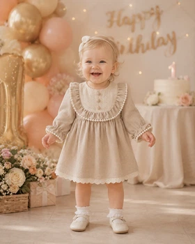 Платье льняное с кружевным воротничком “Classic Linen” Kiddo светлый бежевый 80 см