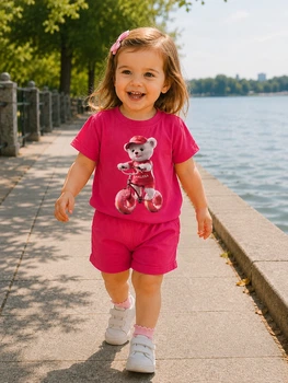 Комплект летний “Мишка на велосипеде” Kiddo малиновый 80 см