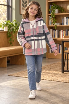 Кофта-рубашка флисовая Cozy Check с капюшоном Kiddo розовый 134 см