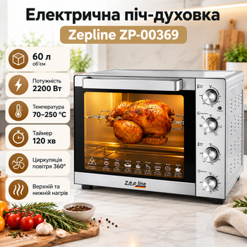 Настольная электрическая печь-духовка с грилем Zepline ZP-00369 2200 Вт Электродуховка для выпечки с регулировкой температуры 60 литров