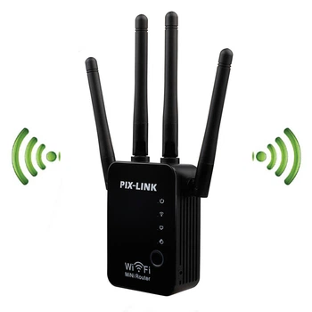 Репитер WiFi PIX-LINK LV WR09 300 Мбит/с с 4 антеннами для усиления интернет сигнала Черный компактный усилитель для больших помещений 9.5x6.3 см