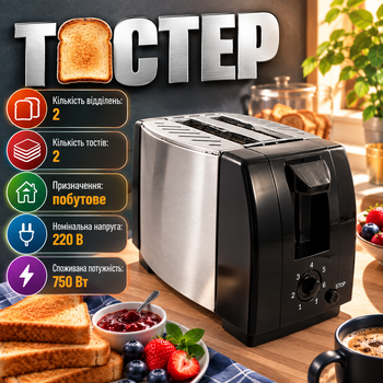 Тостер Crownberg CB-1106 750 Вт на 2 тоста с 7 уровнями обжаривания автоотключением защитой от перегрева поддоном для крошек