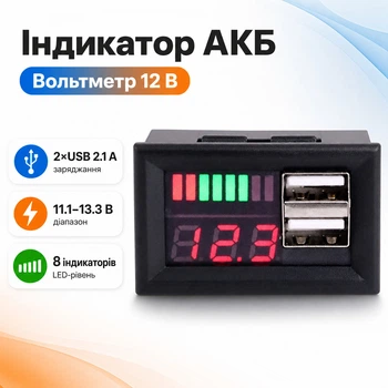 Индикатор заряда аккумулятора, вольтметр 12В, 2xUSB автомобильный 670225