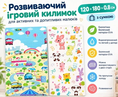 Дитячий двосторонній розвиваючий термокилимок 180х120х0.8 см Дорога казкові звірята (мод. M)