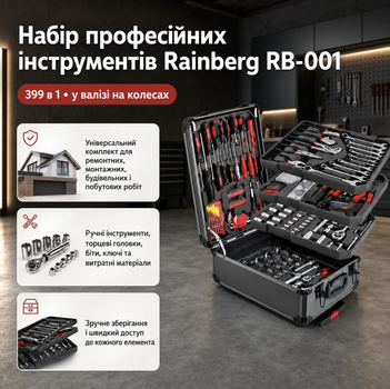 Набір ручного інструменту Rainberg RB-001 399 предметів Ключі головки біти викрутки плоскогубці молоток рулетка тестер Комплект у валізі на колесах