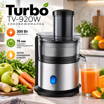 Соковыжималка Turbo TV-920W 300 Вт 75 мм Центробежная соковыжималка для фруктов и овощей с функцией очистки мякоти