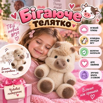 Мягкая плюшевая интерактивная игрушка бегущий теленок бежевый 60 см