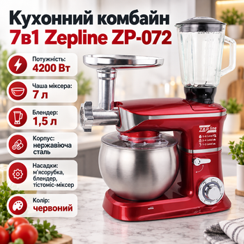 Кухонный комбайн из нержавеющей стали на 7 литров Zepline ZP-072 Мясорубка блендер тестомес миксер 4200 Вт Кухонная машина 7в1 Красный