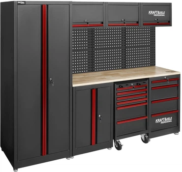 Комплект мебели для мастерской Kraft&Dele KD5860 260 см, металлический верстак со столешницей, шкафами, ящиками и перфорированной панелью