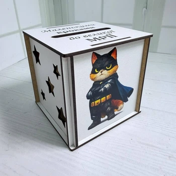 Скарбничка дитяча №46 "Кіт-супергерой" 10×10×10 см, іменна, з дерева МДФ, для накопичення грошей, подарунок дитині