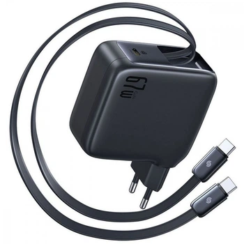 СЗУ Baseus EnerCore CJ21 с выдвижными кабелями 67W, быстрая зарядка для 3 устройств, черный