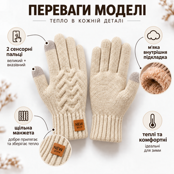 Перчатки мужские зимние вязаные с начесом, сенсорные пальцы для экрана, one size бежевые KT9002865