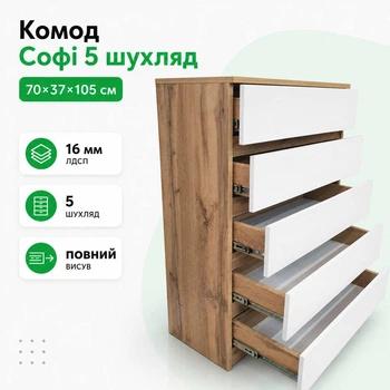 Комод на п'ять шухляд "Софі" "Дуб Аппалачі/Німфеа Альба"