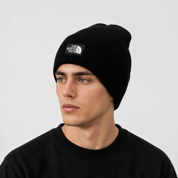Шапка норд фейс (the north face) чорного кольору з чорно-білою емблемою на відвороті ZE00122-8