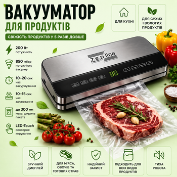Вакуумный упаковщик Zepline ZP-00359 200 Вт, бытовой вакууматор для пищевых продуктов с отсеком для хранения рулонов, вакуумный запайщик пакетов для еды, режим для сухих и влажных продуктов, вакууматор для дома, кухни и хранения мяса