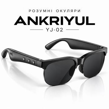 Розумні сонцезахисні окуляри ANKRIYUL YJ-02, чорна оправа, чорні лінзи, Bluetooth 5.4, вбудовані навушники з мікрофоном, Type-C