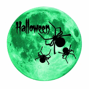 Фосфорная наклейка на Хэллоуин Луна с пауками и надписью Halloween 30 см салатовый