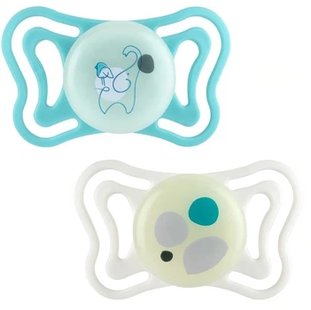 Пустышка Chicco PhysioForma Light силиконовая 6-16 мес с футляром люминесцентная 2 шт (8058664186044)