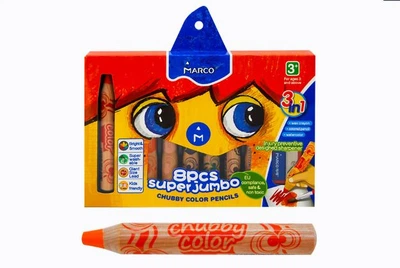 Олівці 8 кольорів круглі Jumbo акварельні з чинкою Chubby color Marco, 1800-8CB