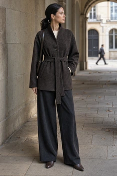 Пальто жіноче кашемірове пряме з коміром-стійкою і поясом Seventeen PreFall 26 шоколадне XXL-3XL 2480.6906
