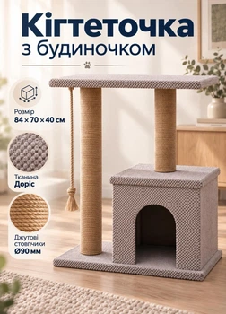 Когтеточка для кошек с домиком и платформой напольный игровой комплекс для котов и кошачий домик 84х70х40 см бежевая (60273/15S1M)