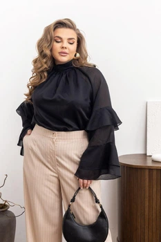Жіноча блуза з тенселу з високою горловиною та багатошаровими рукавами-воланами ELFBERG RSM-2644 54-56 Чорний (2000001151105)