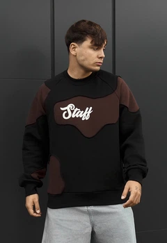 Мужской свитшот Стаф черный и коричневый оверсайз на флисе Staff ws black & brown oversize fleece S (404545)