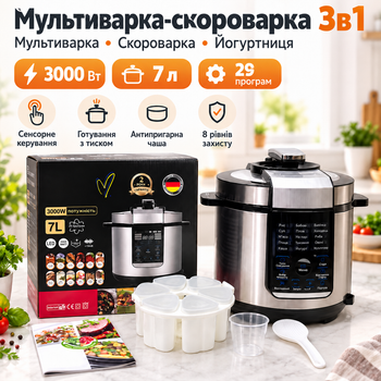 Многофункциональная мультиварка-скороварка 3в1 Йогуртница 7 л 3000 Вт Мультиповар 29 программ Электрическая мультиварка Пароварка Скороварка