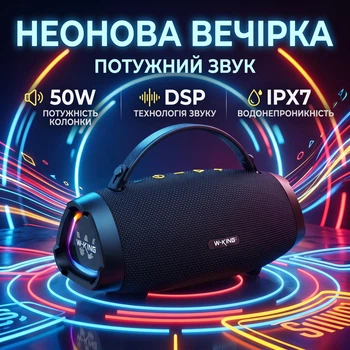Портативная колонка блютуз W-KING X10S 50W защита IPX7 подсветка RGB плеер USB