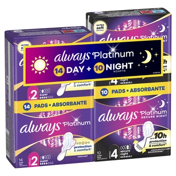 Набір Гігієнічних прокладок Always Platinum Super (Розмір 2) 14 шт + Always Platinum Secure Night (Розмір 4) 10 шт