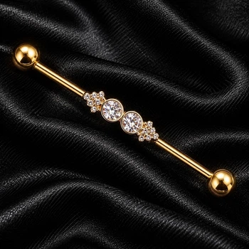 Серьга штанга для индастриала Asteel с белыми кристаллами, золотистая