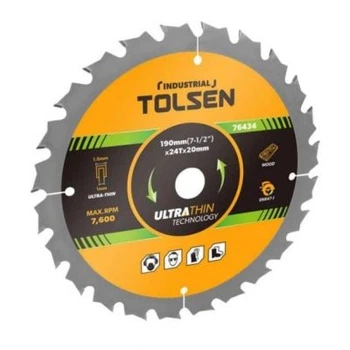Диск пильний Tolsen з ТВС напайками по дереву 190х24Т*20мм Ultra тонкий (76434)