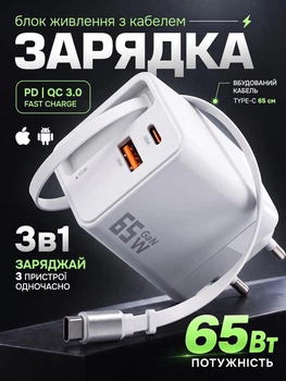 Мережевий зарядний пристрій LEXEGO 65W швидка зарядка GaN PD QC3.0 з висувним USB Type-C кабелем 65см для телефону універсальний блок живлення для Samsung Xiaomi iPhone самсунга зарядка для ноутбуку планшету білий (RC65-W)