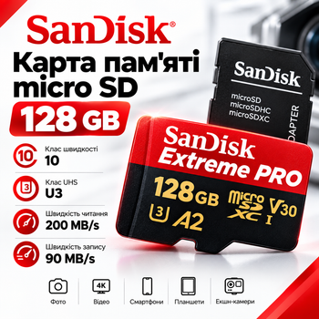 Карта памяти micro SD SanDisk 128gb extreme Pro A2 10 класс скоростная microsd U3 для экшен камер sdxc Сд карта 128 гб