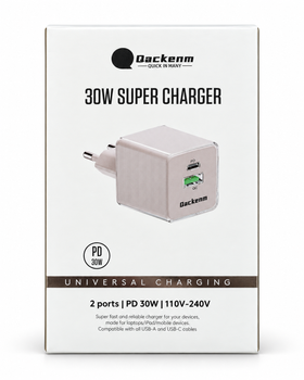 Мережевий зарядний пристрій Qackenm GaN 30W USB-C PD/PPS + USB-A, 2 порти, Black (P858-GAN330W-EU) (COPY)