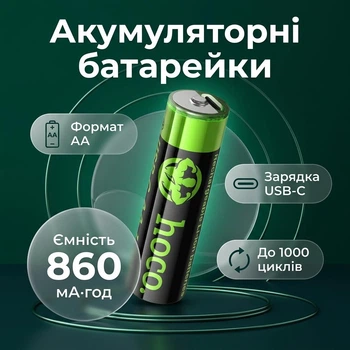 Аккумуляторные батарейки HOCO JA3 AA 860mAh литиевые 1.5V с USB-C для мыши и игрушек, 2 шт