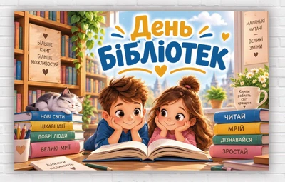 Паперовий плакат "З днем бібліотек. Діти та книги", розмір 120х75 см