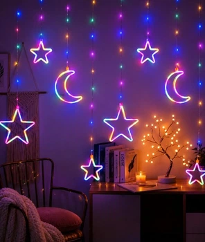 Гирлянда Штора неоновая, звезда и месяц, 9 LED фигур, 3 × 0,8 м, 8 режимов, мульти, 1827-01