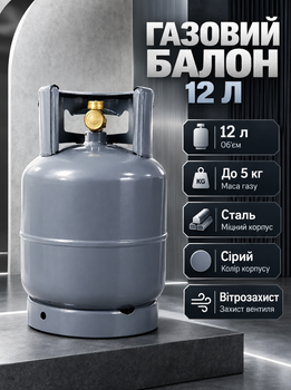 Газовий балон металевий 12 л сталевий балон до 5 кг газу з вітрозахистом сірий газовий балон для плити пальника обігрівача кемпінгу дачі туристичного обладнання