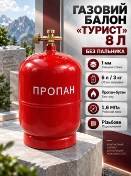 Газовий кемпінговий балон Турист 8 л без пальника сталевий балон пропан бутан заправка 6 л 3 кг туристичний газовий балон з різьбовим з’єднанням запобіжним клапаном ручкою для кемпінгу риболовлі дачі червоний