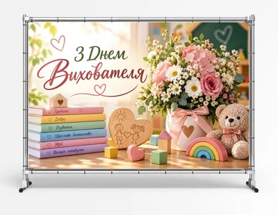 Баннер. С днем воспитателя. "Игрушки" размер 2х3м. С люверсами.