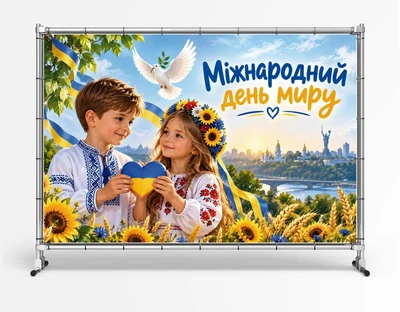 Баннер «Международный день мира. Голубь мира. Дети», размер 2х3м. С люверсами.