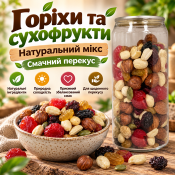 Суміш горіхів і сухофруктів 150 г натуральний горіхово-фруктовий мікс поживний снек для перекусу енергетичне асорті для сніданків каш йогуртів десертів