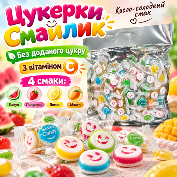 Цукерки без цукру 500 г смайлик з вітаміном С кисло-солодкі льодяники двошарові солодощі мікс смаків кавун полуниця лимон манго власного виробництва