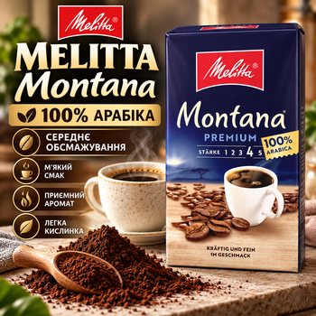 Кофе молотый 515 г Melitta Montana 100% арабика средней обжарки натуральный кофе средний помол орехово шоколадный вкус ароматный напиток с кофеином легкой кислинкой вакуумная упаковка